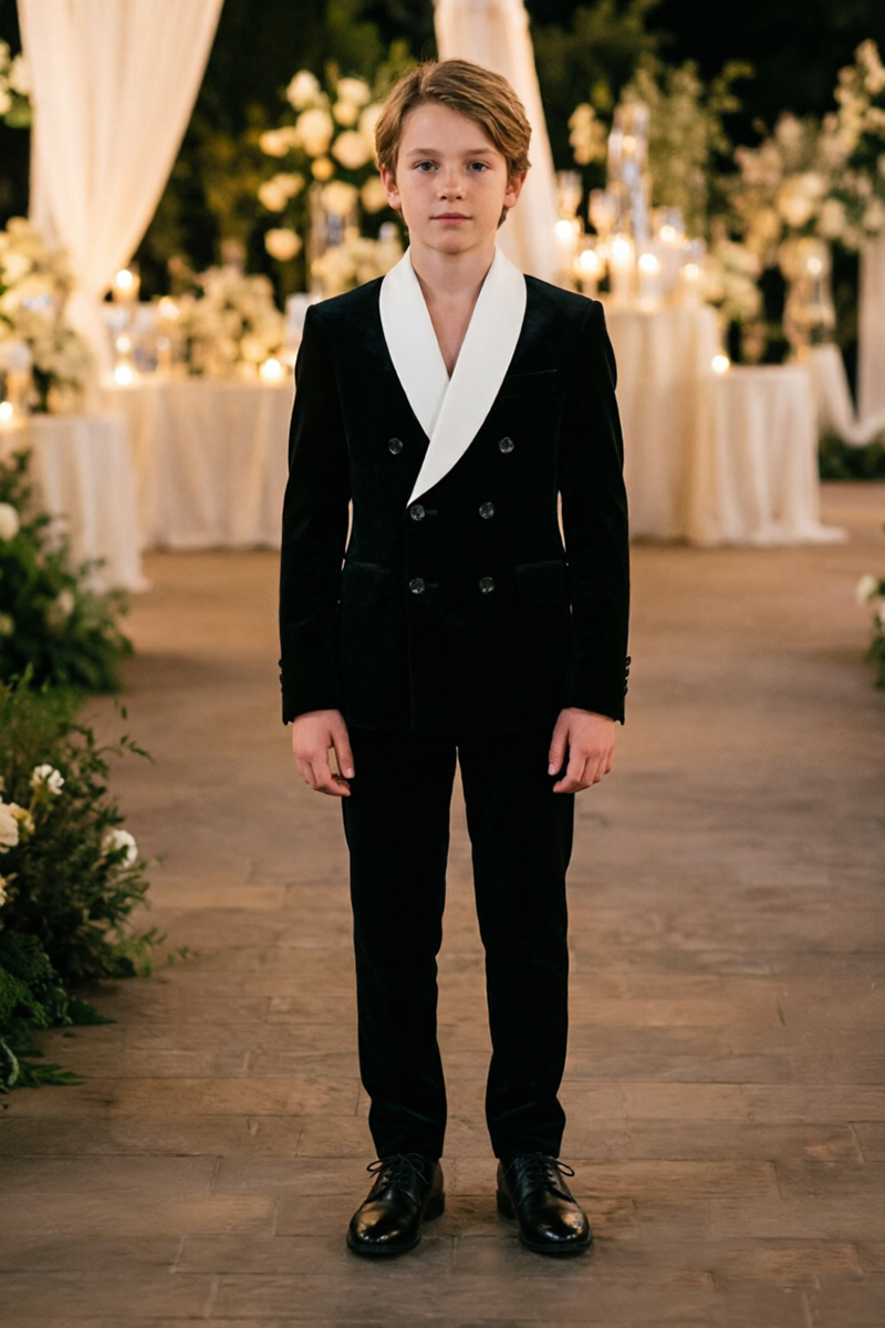 Boys Black Velvet with Contrast White Shawl Lapel 2‑Piece Suit for Weddings