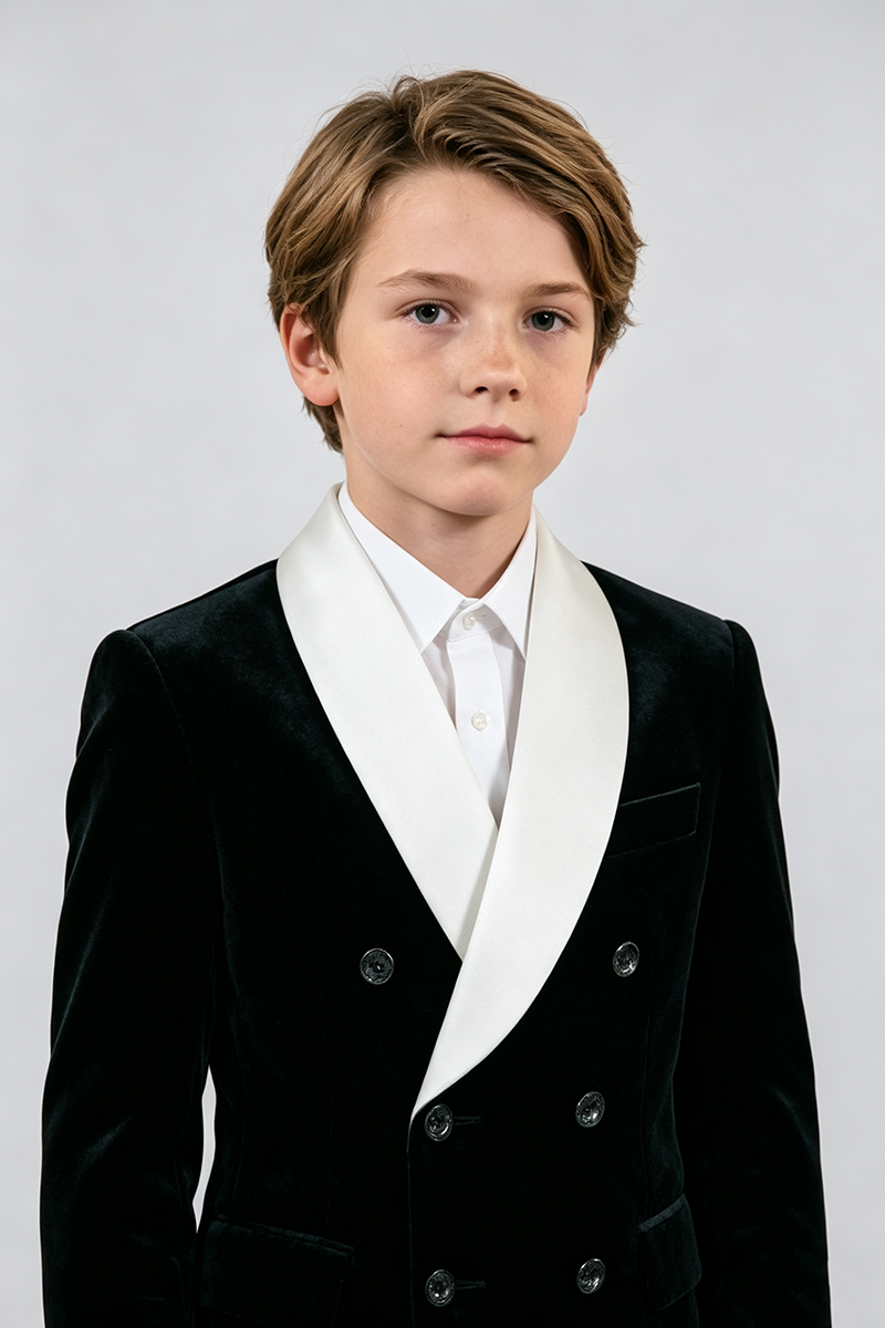 Boys Black Velvet with Contrast White Shawl Lapel 2‑Piece Suit for Weddings