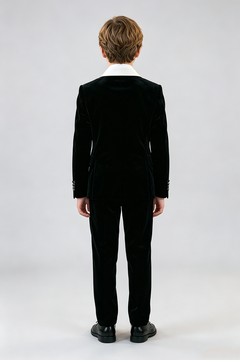 Boys Black Velvet with Contrast White Shawl Lapel 2‑Piece Suit for Weddings
