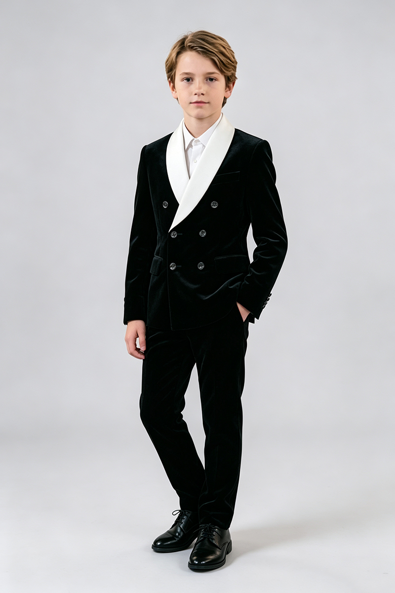 Boys Black Velvet with Contrast White Shawl Lapel 2‑Piece Suit for Weddings