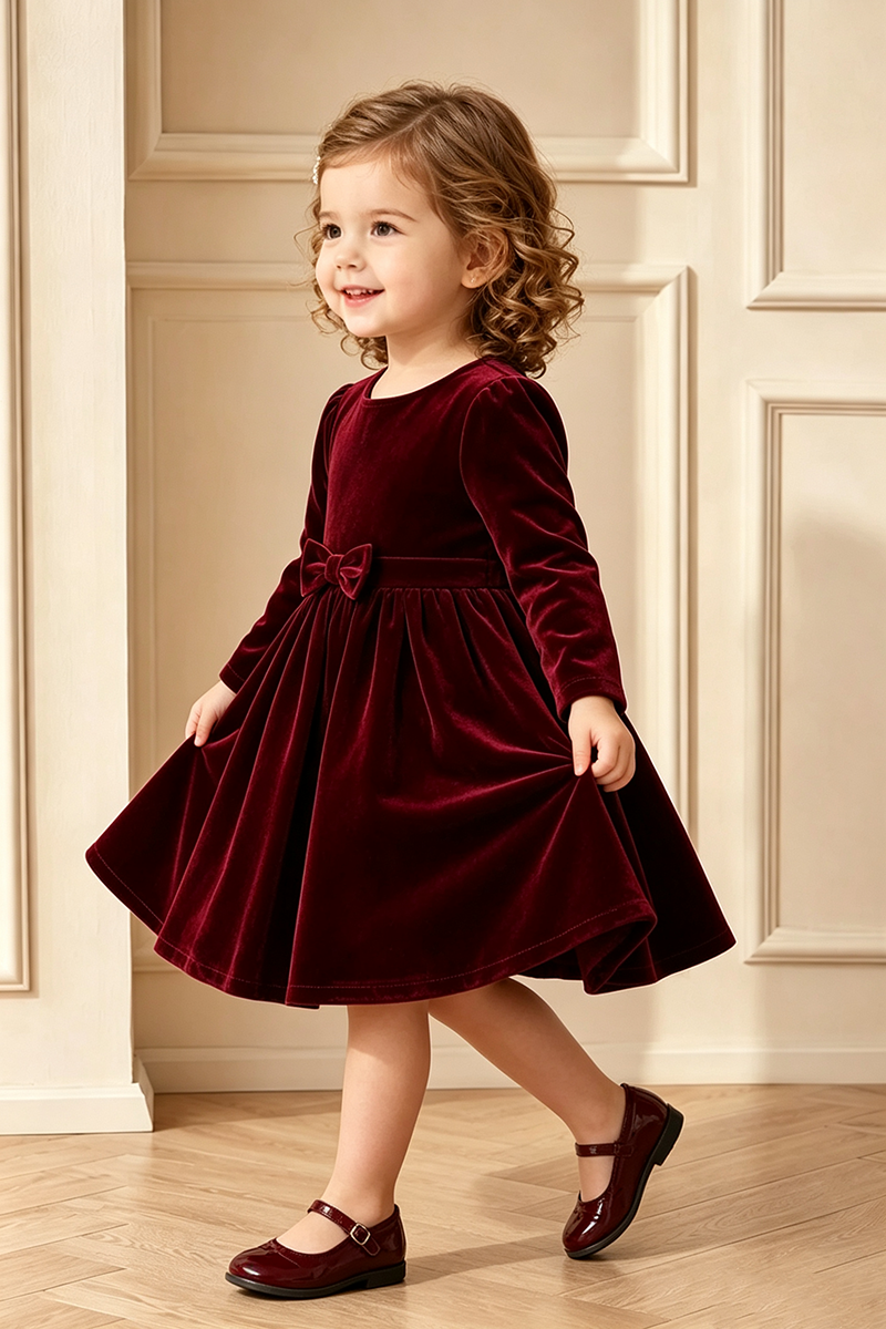 Girls Burgundy Velvet Dress for Weddings with Long Sleeves and Decorative Bow Accent