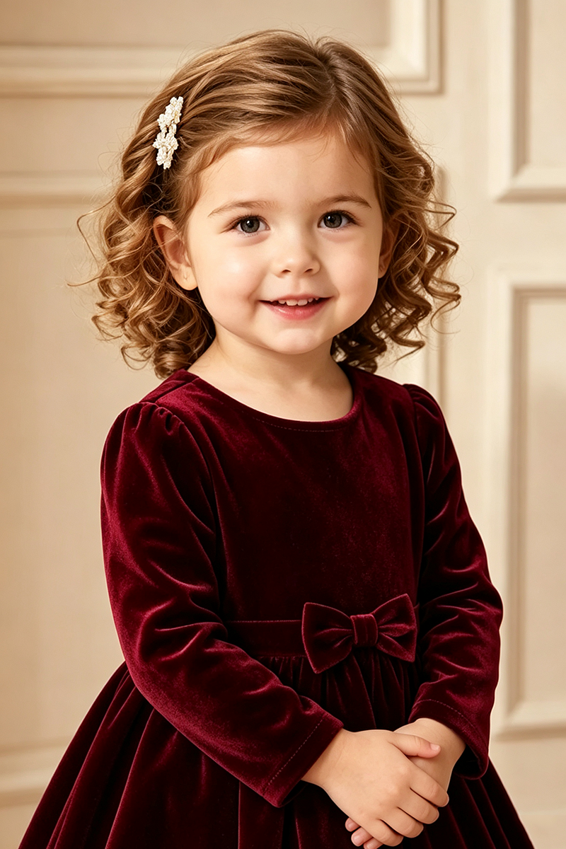 Girls Burgundy Velvet Dress for Weddings with Long Sleeves and Decorative Bow Accent
