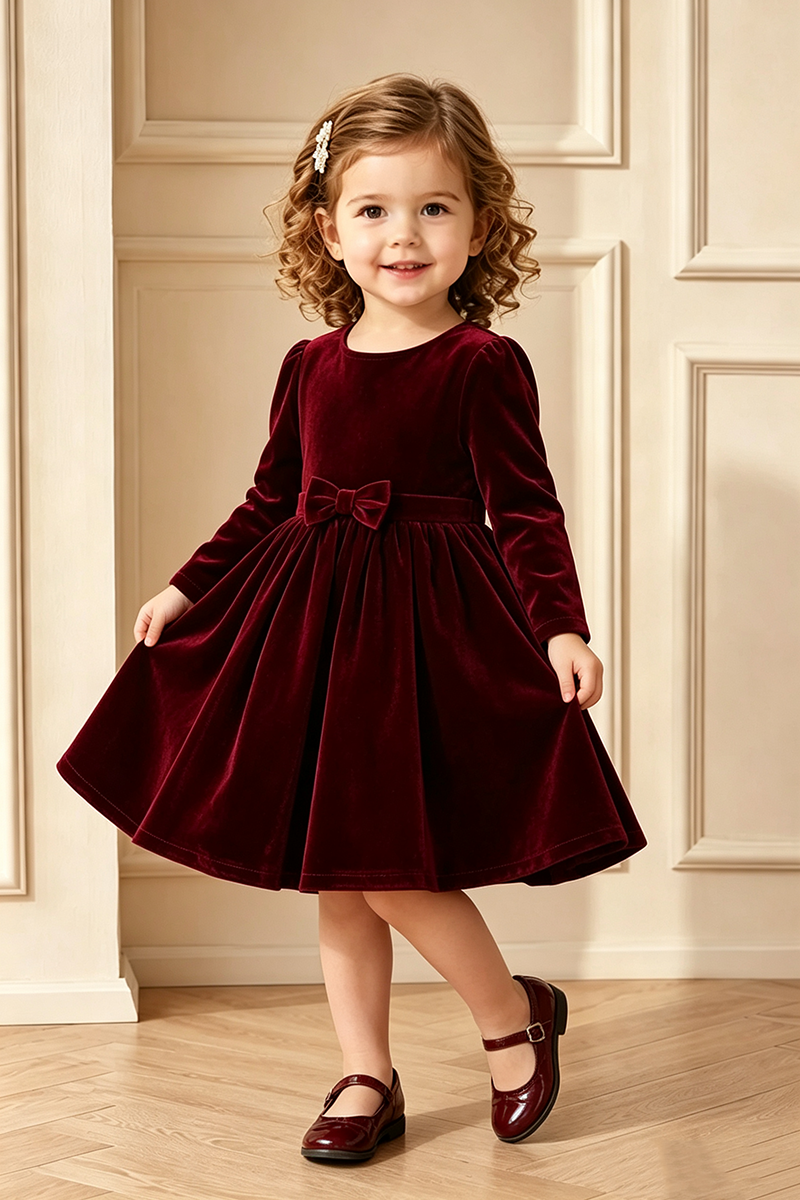 Girls Burgundy Velvet Dress for Weddings with Long Sleeves and Decorative Bow Accent