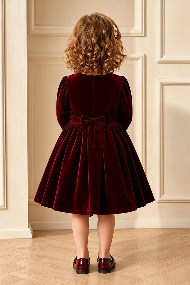 Girls Burgundy Velvet Dress for Weddings with Long Sleeves and Decorative Bow Accent