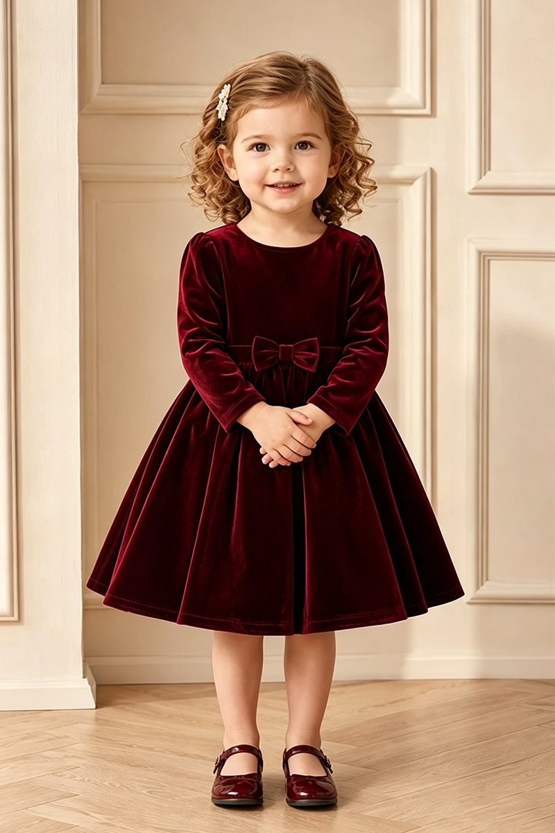 Girls Burgundy Velvet Dress for Weddings with Long Sleeves and Decorative Bow Accent