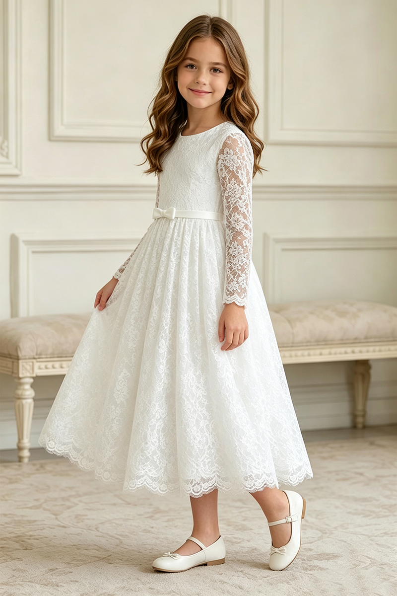 Girls White Lace Midi Dress for Weddings with Long Sleeves and Delicate Bow Sash