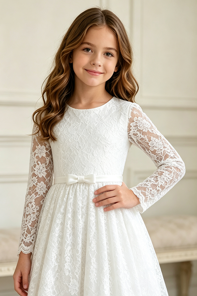 Girls White Lace Midi Dress for Weddings with Long Sleeves and Delicate Bow Sash