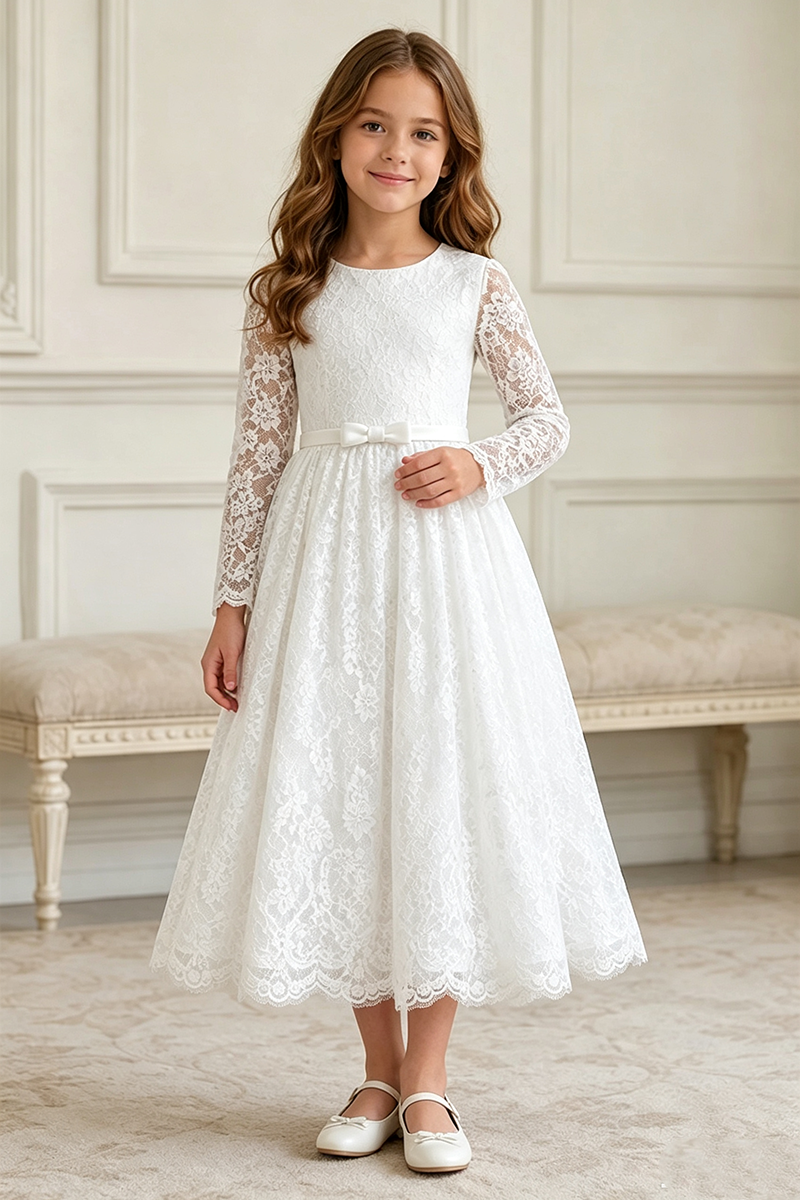 Girls White Lace Midi Dress for Weddings with Long Sleeves and Delicate Bow Sash