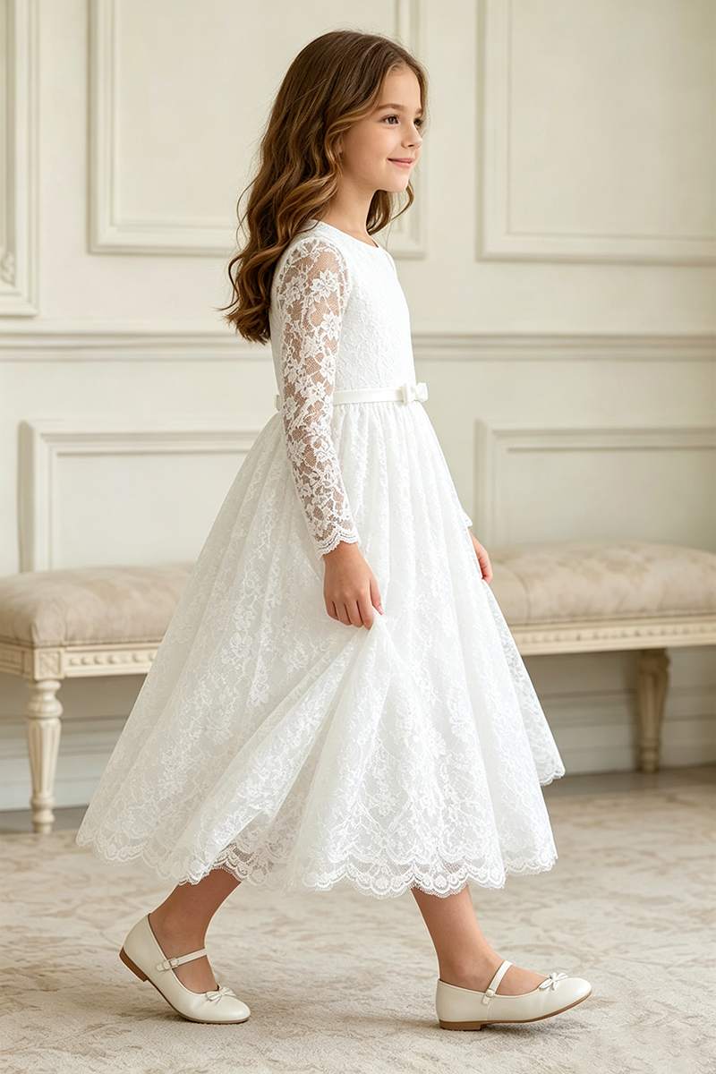Girls White Lace Midi Dress for Weddings with Long Sleeves and Delicate Bow Sash