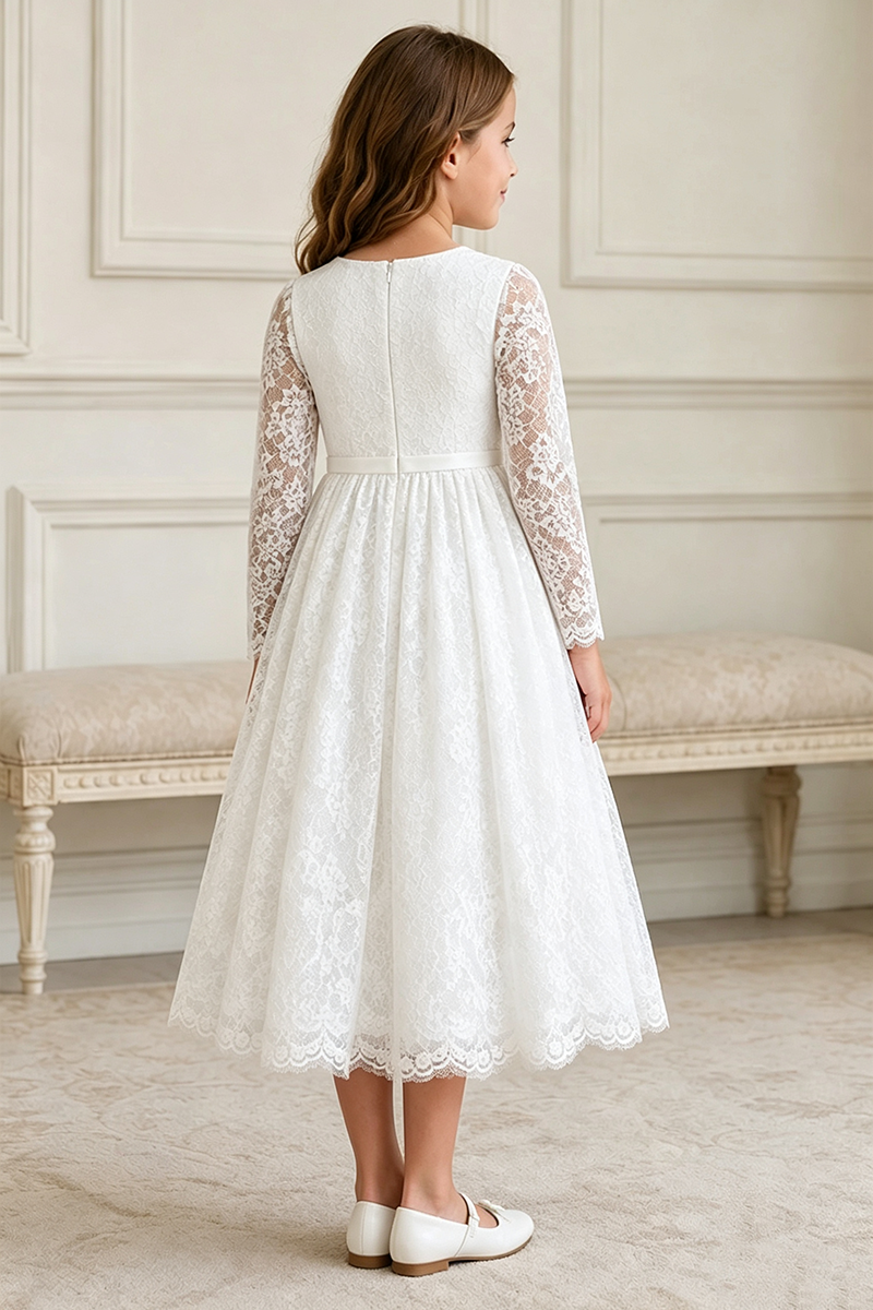 Girls White Lace Midi Dress for Weddings with Long Sleeves and Delicate Bow Sash