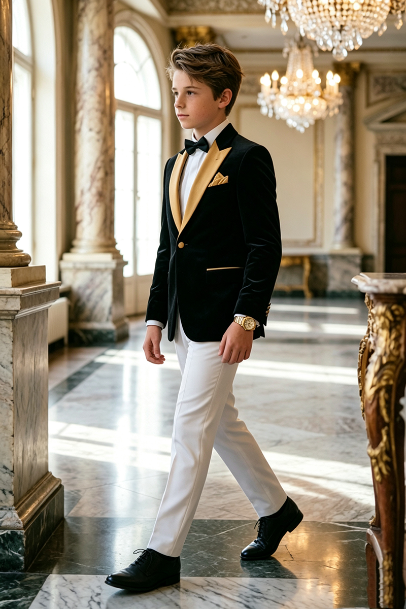 Boys Black Velvet 2‑Piece Suit for Weddings with Gold Satin Lapel