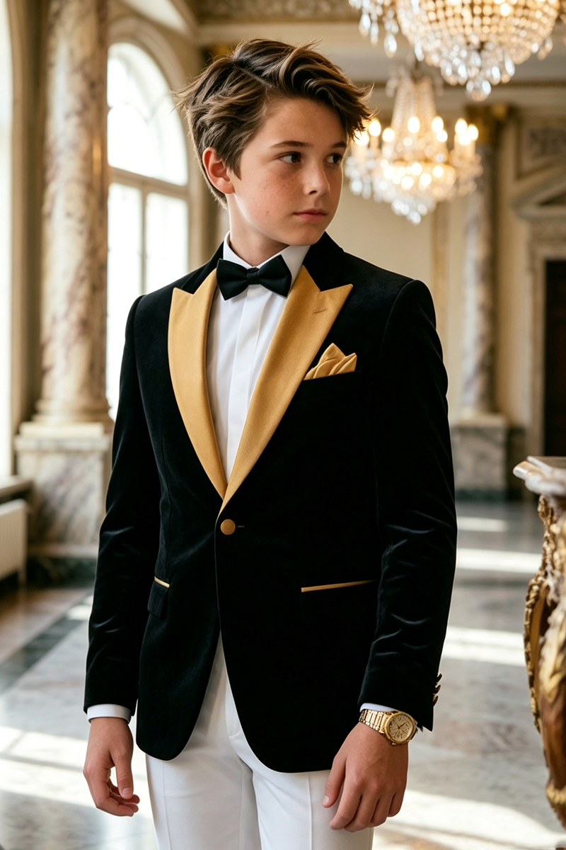 Boys Black Velvet 2‑Piece Suit for Weddings with Gold Satin Lapel