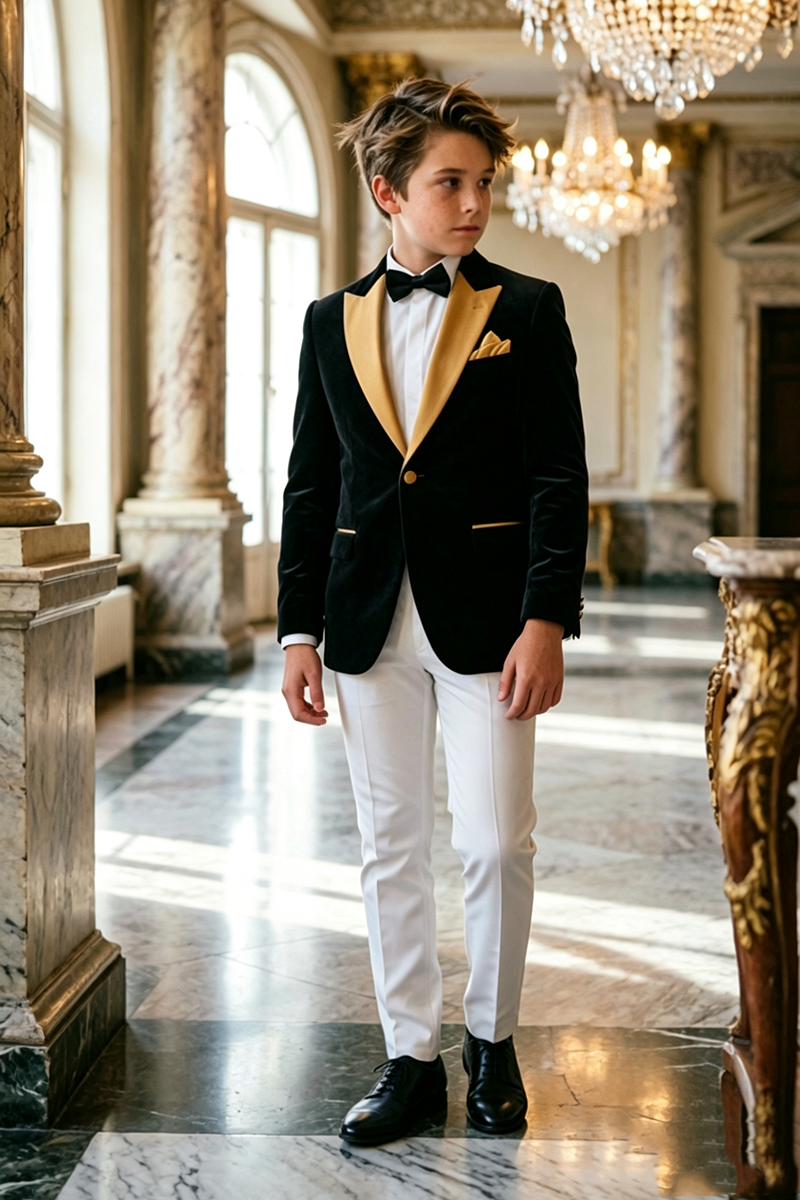 Boys Black Velvet 2‑Piece Suit for Weddings with Gold Satin Lapel