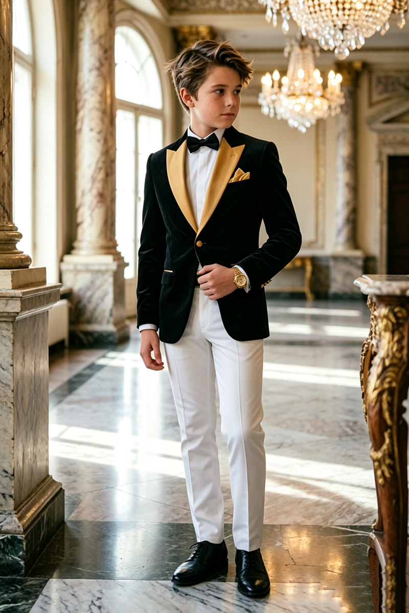 Boys Black Velvet 2‑Piece Suit for Weddings with Gold Satin Lapel