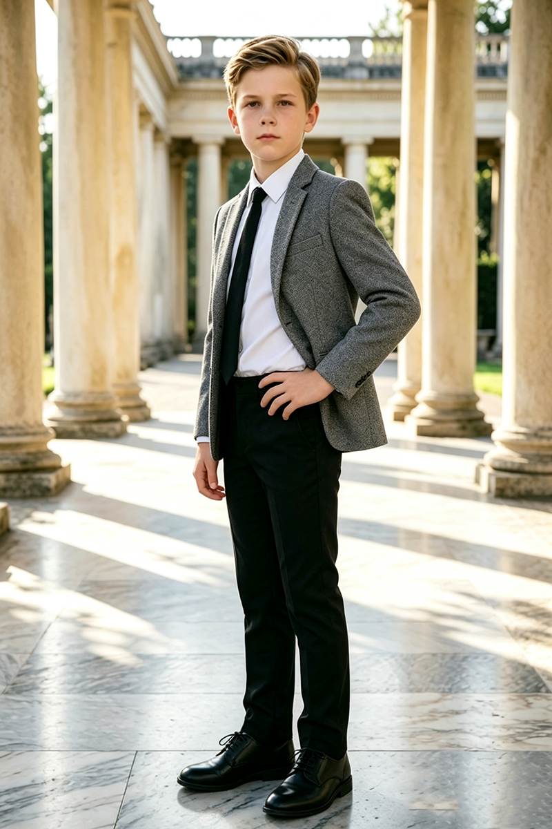 Boys Grey Herringbone 2‑Piece Suit for Weddings