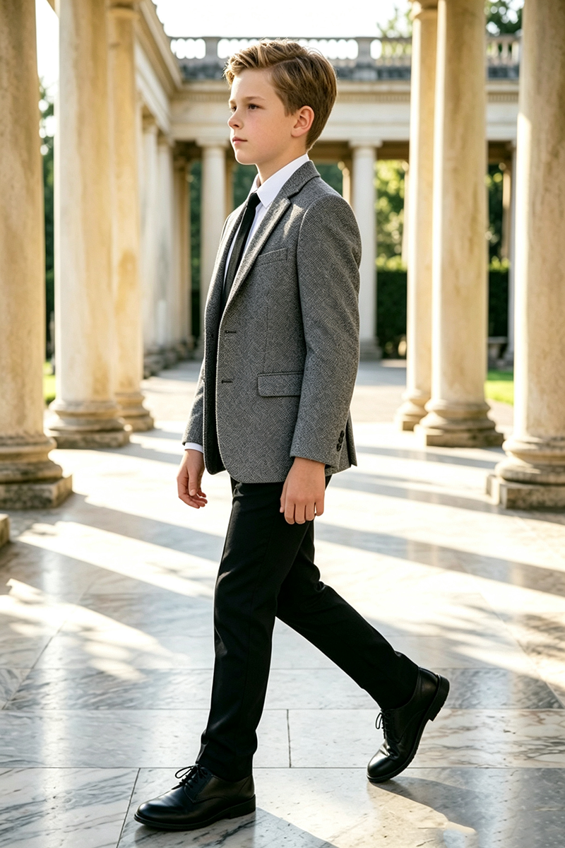 Boys Grey Herringbone 2‑Piece Suit for Weddings