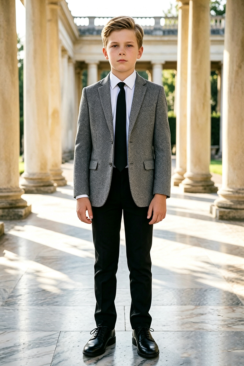 Boys Grey Herringbone 2‑Piece Suit for Weddings