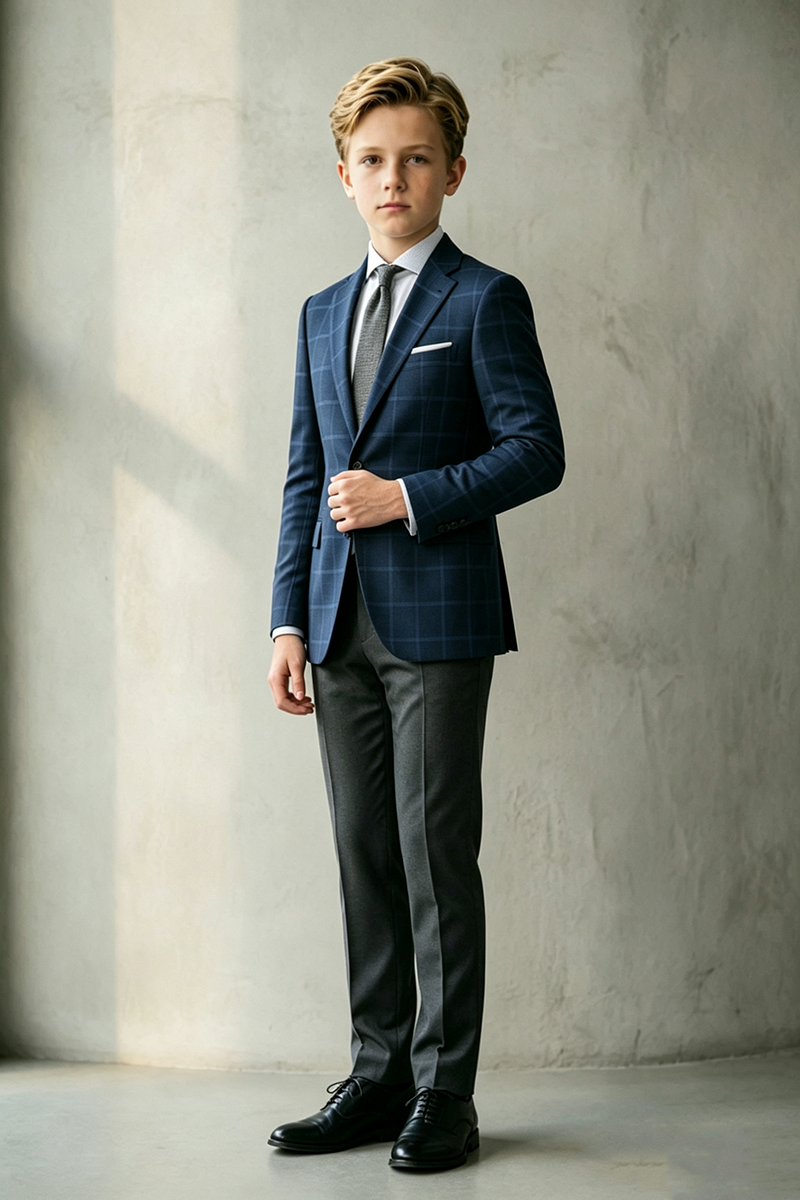 Boys Navy Plaid 2‑Piece Suit for Weddings with Refined Check Pattern