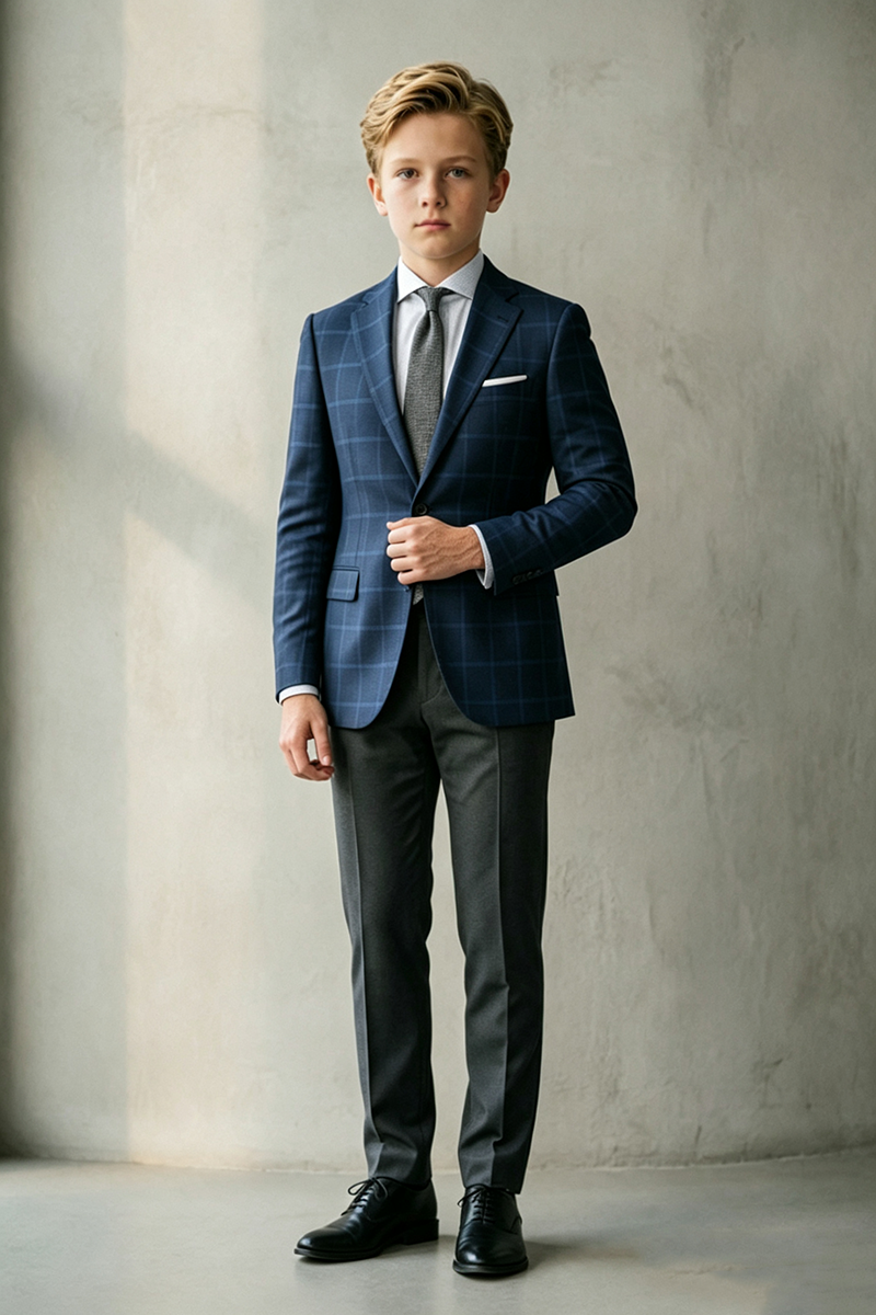 Boys Navy Plaid 2‑Piece Suit for Weddings with Refined Check Pattern