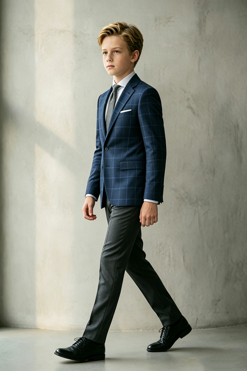 Boys Navy Plaid 2‑Piece Suit for Weddings with Refined Check Pattern