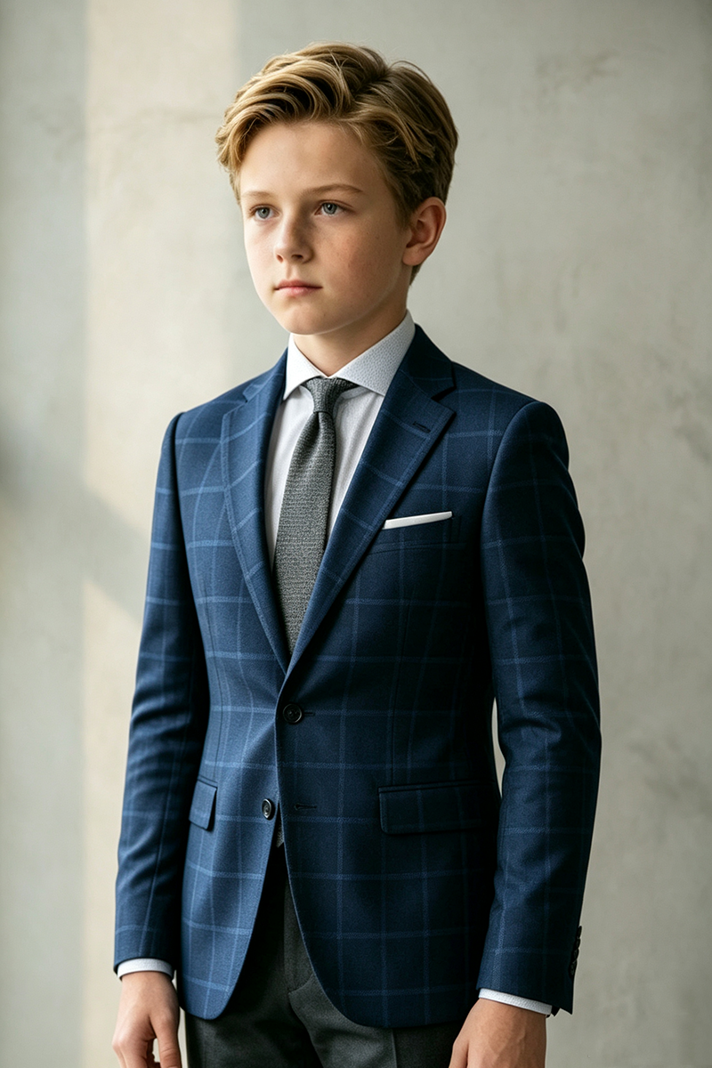 Boys Navy Plaid 2‑Piece Suit for Weddings with Refined Check Pattern