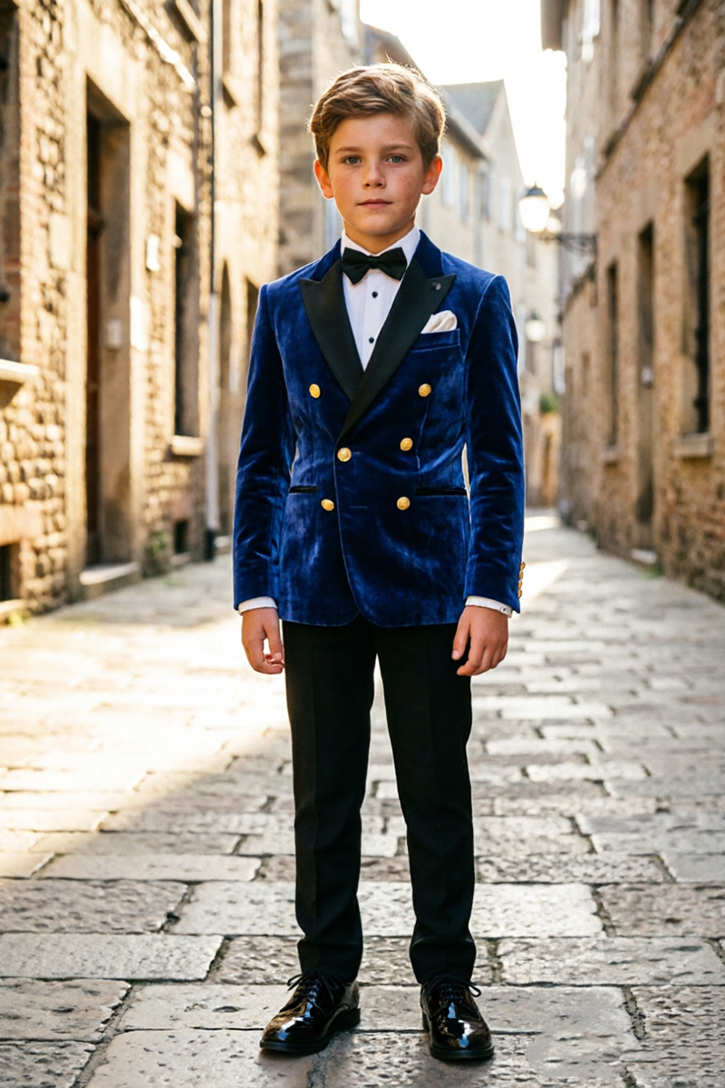 Boys Navy Blue Velvet 2‑Piece Suit for Weddings