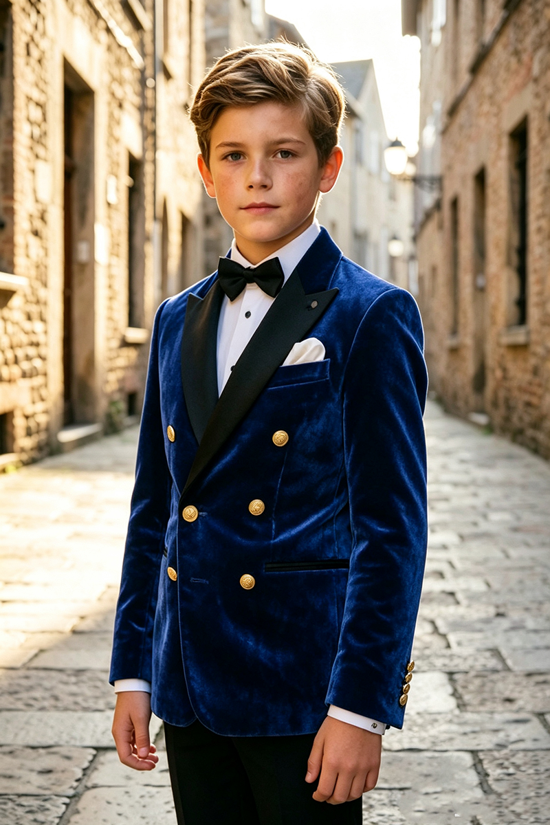 Boys Navy Blue Velvet 2‑Piece Suit for Weddings