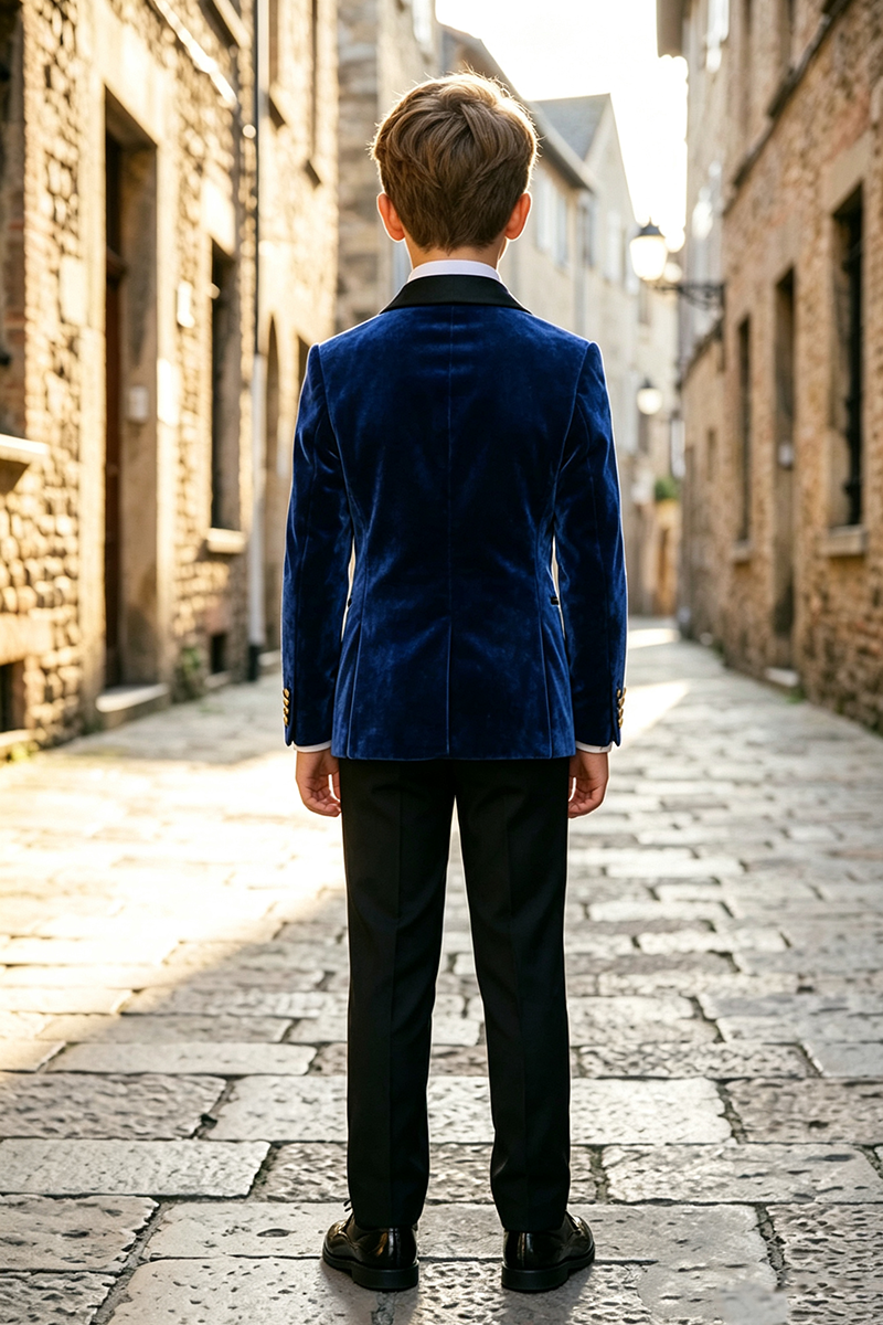 Boys Navy Blue Velvet 2‑Piece Suit for Weddings