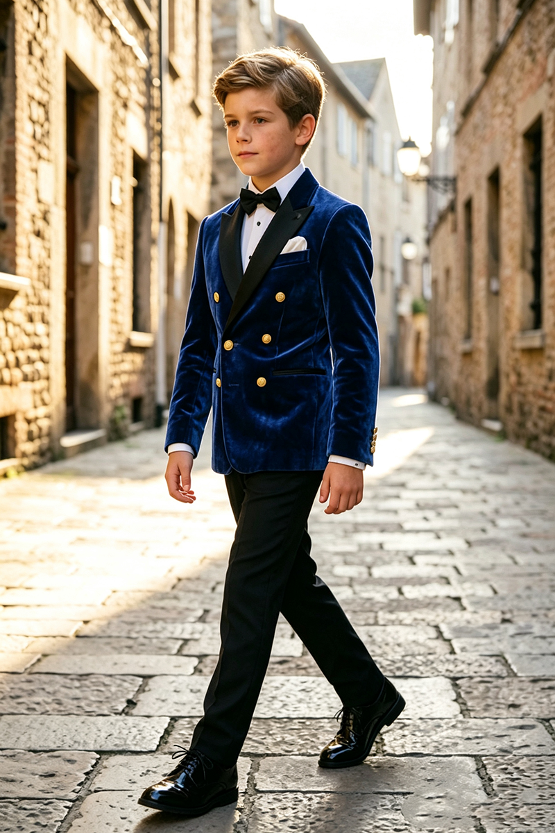 Boys Navy Blue Velvet 2‑Piece Suit for Weddings