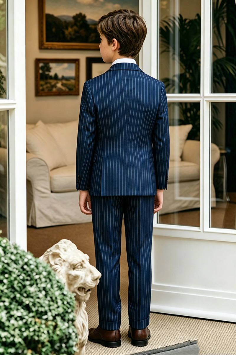 Boys Navy Pinstripe 3‑Piece Suit for Weddings with Classic Striped Detailing