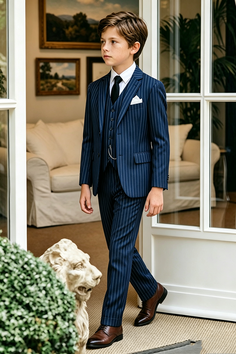 Boys Navy Pinstripe 3‑Piece Suit for Weddings with Classic Striped Detailing