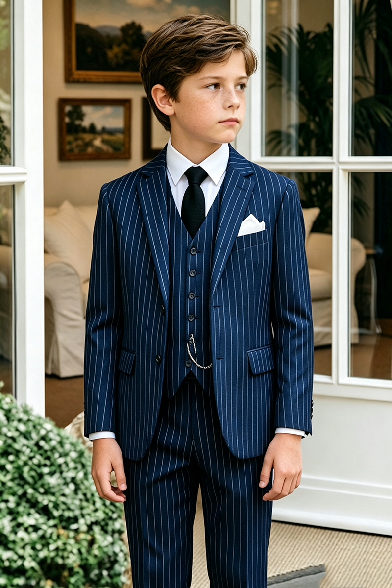 Boys Navy Pinstripe 3‑Piece Suit for Weddings with Classic Striped Detailing