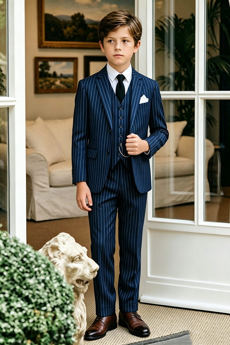 Boys Navy Pinstripe 3‑Piece Suit for Weddings with Classic Striped Detailing