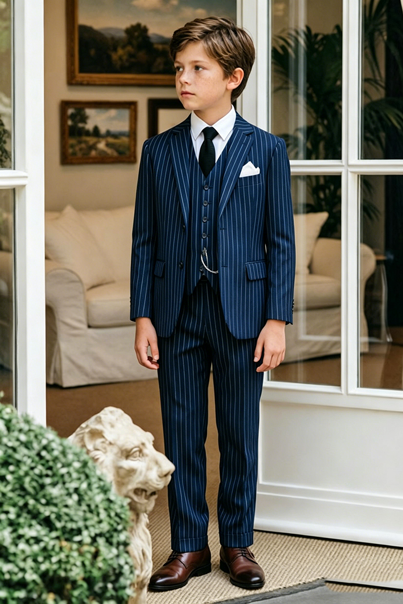 Boys Navy Pinstripe 3‑Piece Suit for Weddings with Classic Striped Detailing
