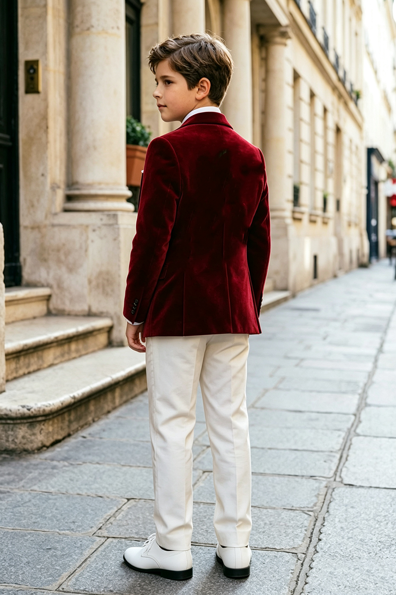Boys Burgundy Velvet 3‑Piece Suit for Weddings