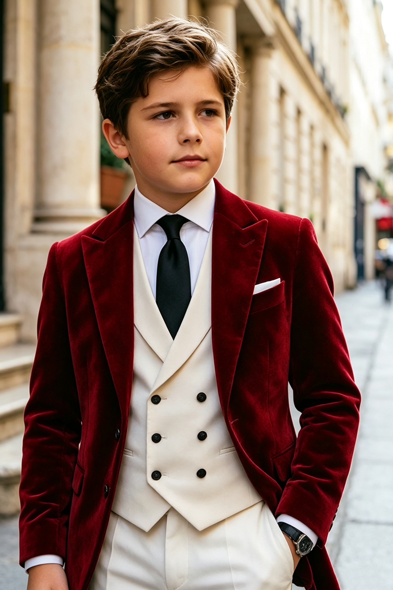 Boys Burgundy Velvet 3‑Piece Suit for Weddings