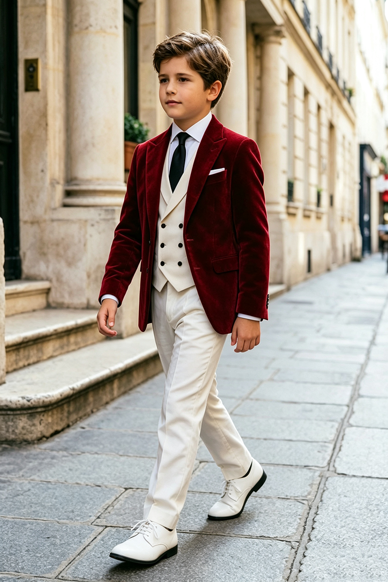 Boys Burgundy Velvet 3‑Piece Suit for Weddings