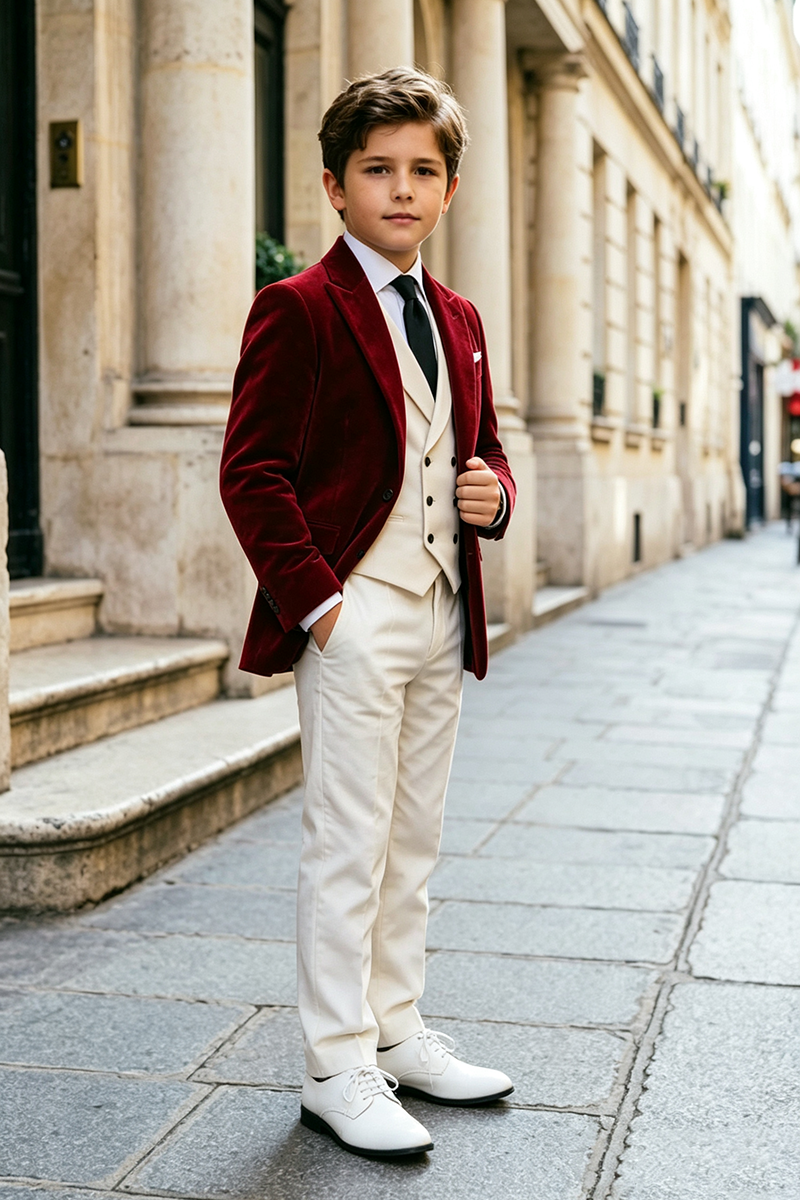 Boys Burgundy Velvet 3‑Piece Suit for Weddings