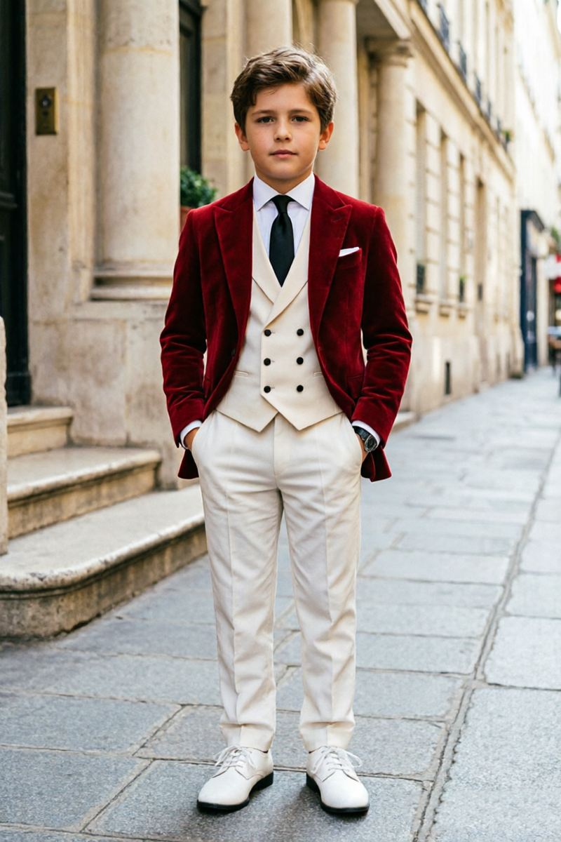 Boys Burgundy Velvet 3‑Piece Suit for Weddings