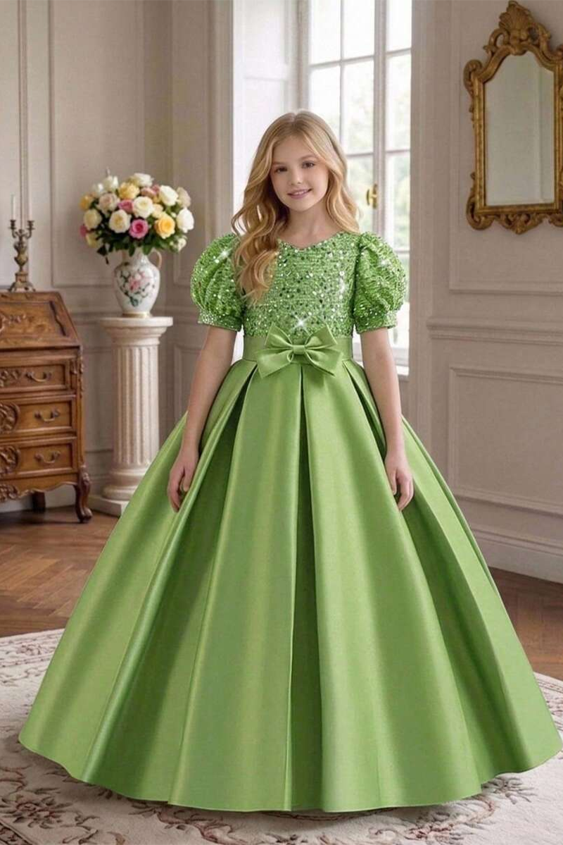 Girls Green Satin Ball Gown for Weddings with Sequin Bodice & Puff Sleeves