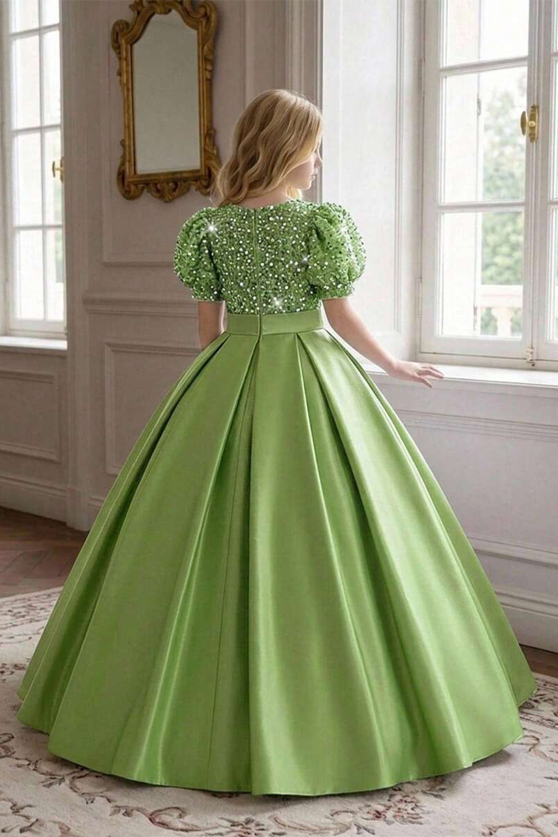 Girls Green Satin Ball Gown for Weddings with Sequin Bodice & Puff Sleeves