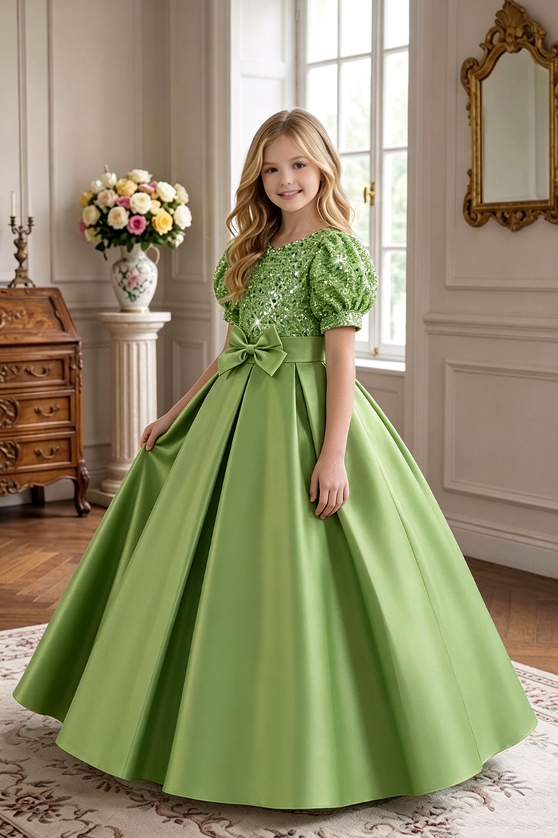 Girls Green Satin Ball Gown for Weddings with Sequin Bodice & Puff Sleeves