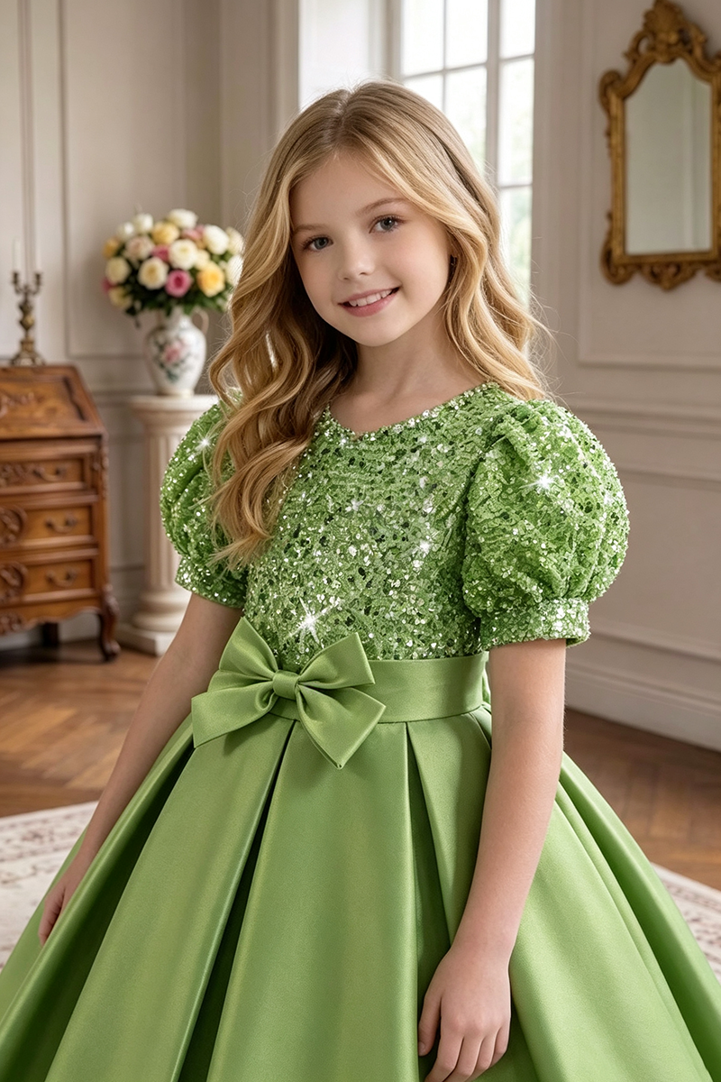 Girls Green Satin Ball Gown for Weddings with Sequin Bodice & Puff Sleeves