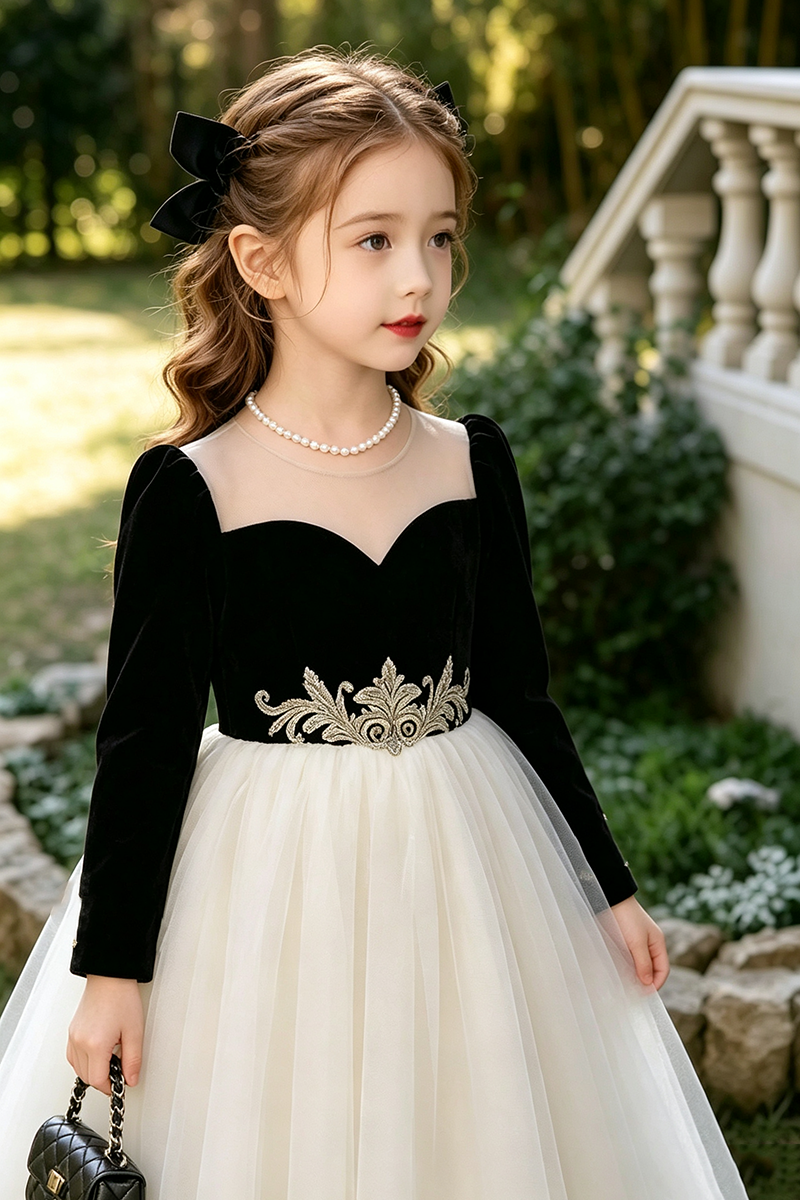 Girls Black Velvet Tulle Ball Gown for Weddings with Embroidered Waist Detail