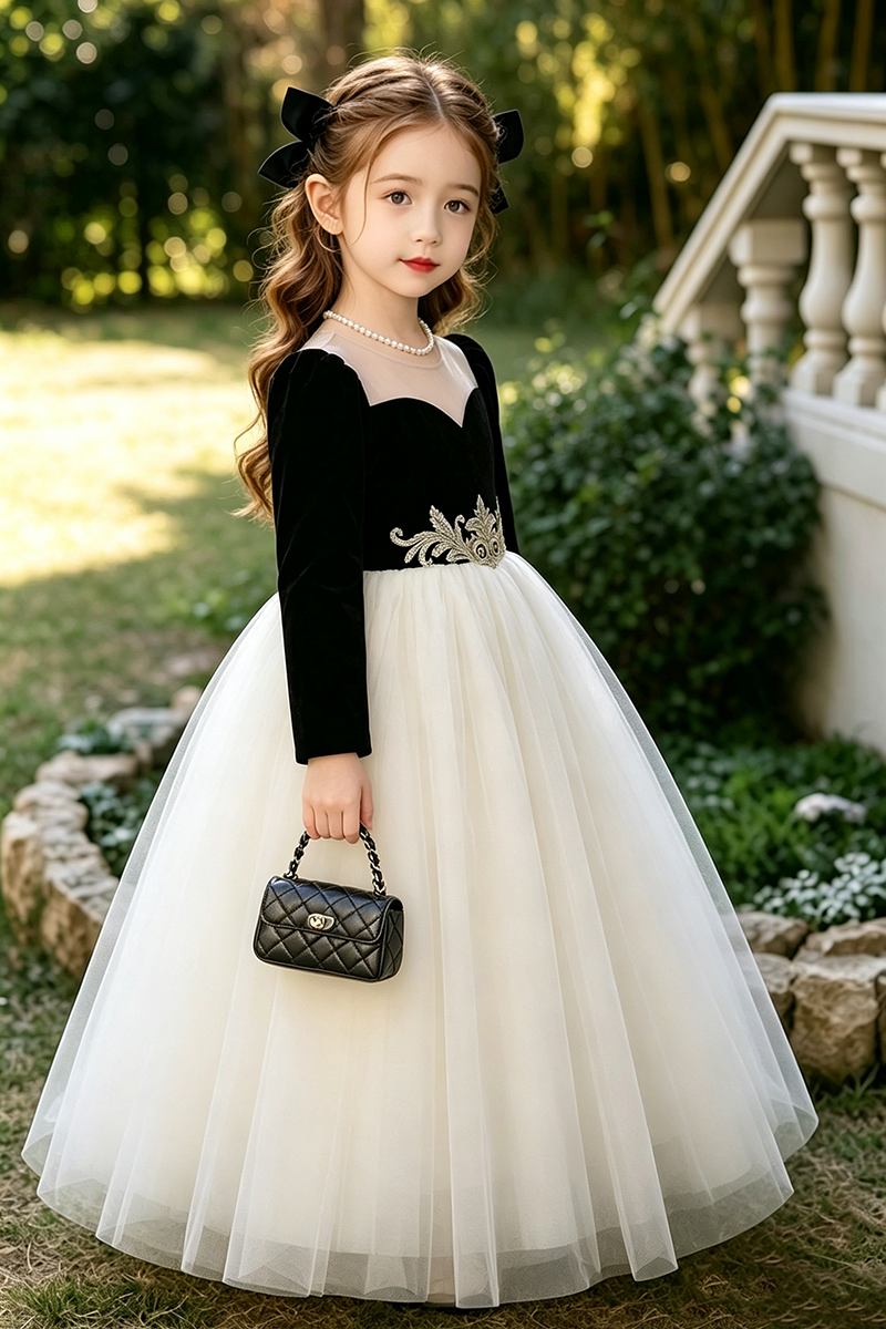 Girls Black Velvet Tulle Ball Gown for Weddings with Embroidered Waist Detail