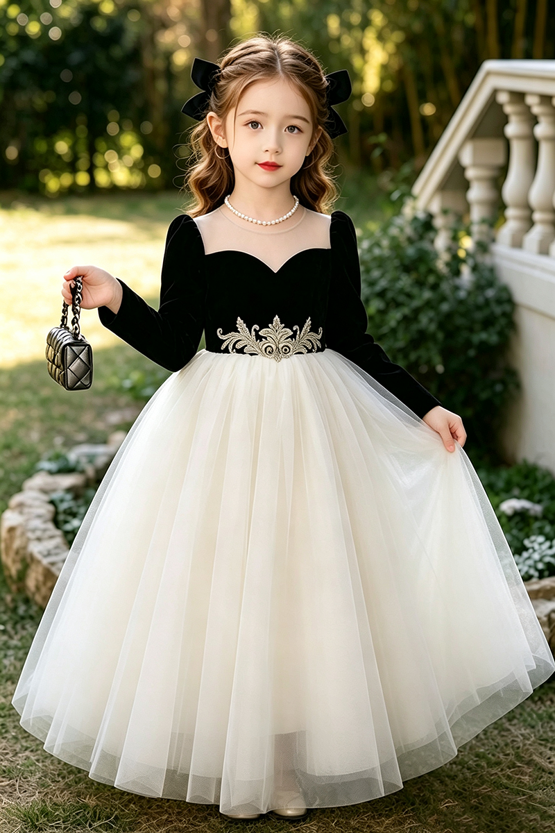 Girls Black Velvet Tulle Ball Gown for Weddings with Embroidered Waist Detail