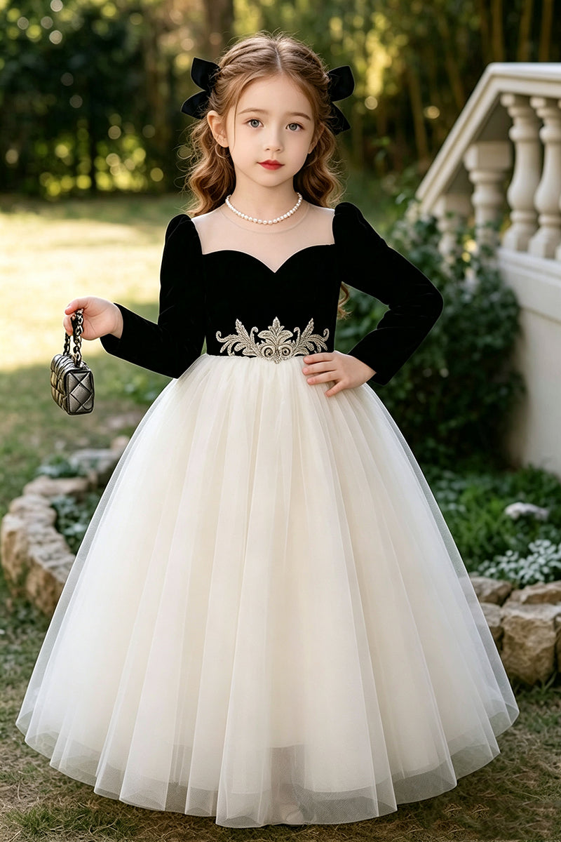 Girls Black Velvet Tulle Ball Gown for Weddings with Embroidered Waist Detail