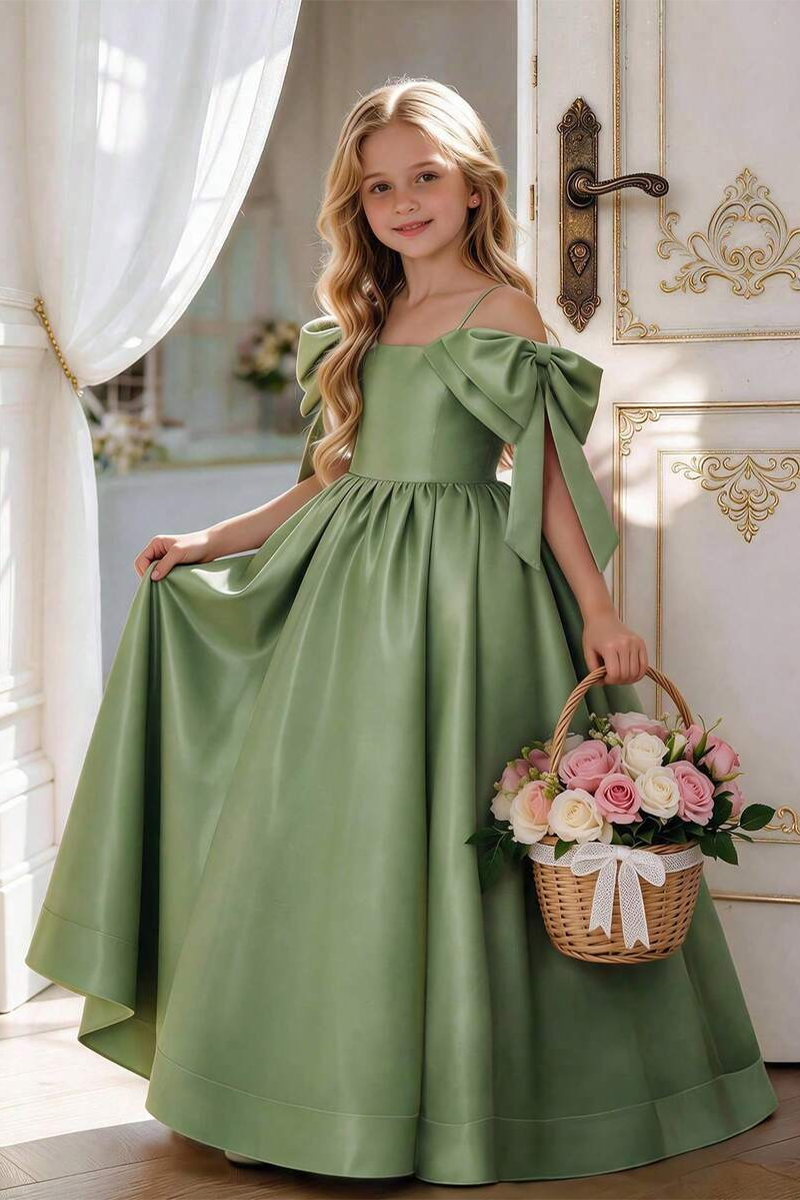 Girls Sage Green Satin Ball Gown for Weddings with Off‑Shoulder Bow Accents