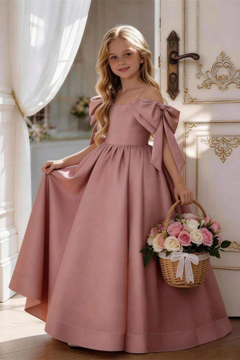 Girls Sage Green Satin Ball Gown for Weddings with Off‑Shoulder Bow Accents