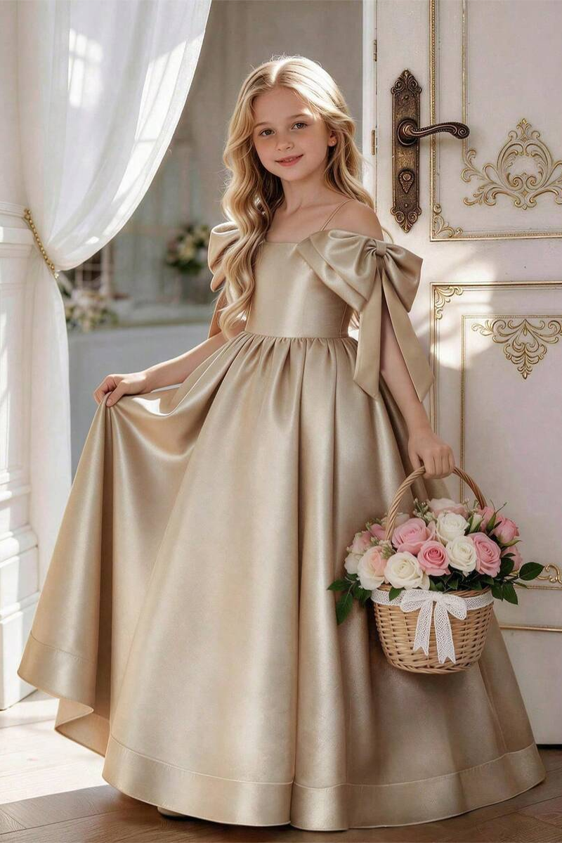 Girls Sage Green Satin Ball Gown for Weddings with Off‑Shoulder Bow Accents